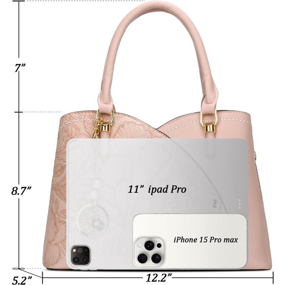 Women’s Pink Triple Compartment Satchel Fashion Top Handle Shoulder Bag - Picture 5 of 6